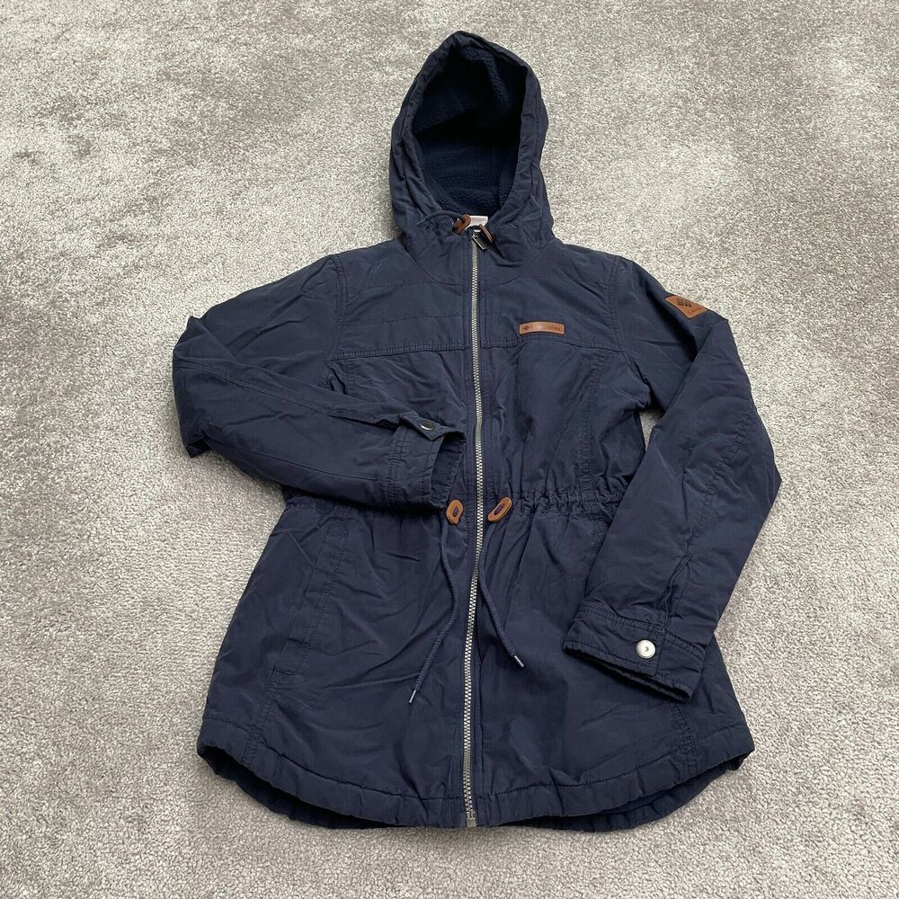 Columbia Chatfield Hill Sherpa Parka Jacket Women XS Blue Hoodie Full zip Belted